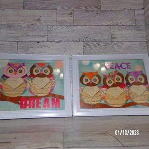 Set of 2 framed art prints of owls perching on branch